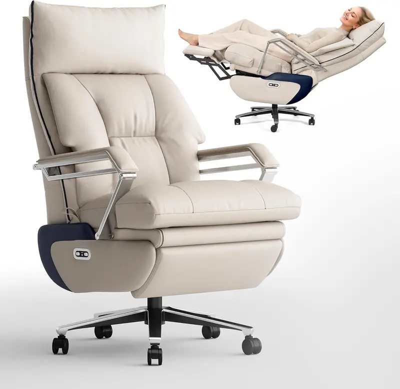 M80 Dual-Motor Executive Office Chair – Big & Tall Reclining Desk Chair with Extendable Footrest, Beige Fabric, and 420-Lb Weight Capacity