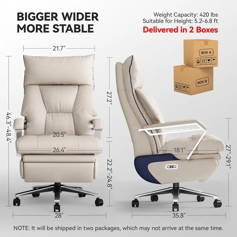 M80 Dual-Motor Executive Office Chair – Big & Tall Reclining Desk Chair with Extendable Footrest, Beige Fabric, and 420-Lb Weight Capacity