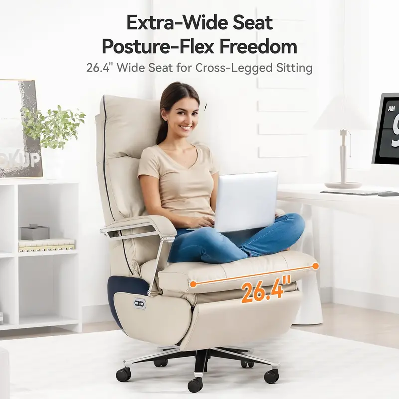 M80 Dual-Motor Executive Office Chair – Big & Tall Reclining Desk Chair with Extendable Footrest, Beige Fabric, and 420-Lb Weight Capacity