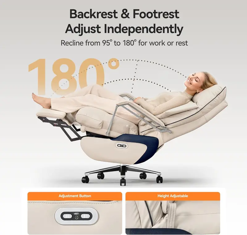 M80 Dual-Motor Executive Office Chair – Big & Tall Reclining Desk Chair with Extendable Footrest, Beige Fabric, and 420-Lb Weight Capacity