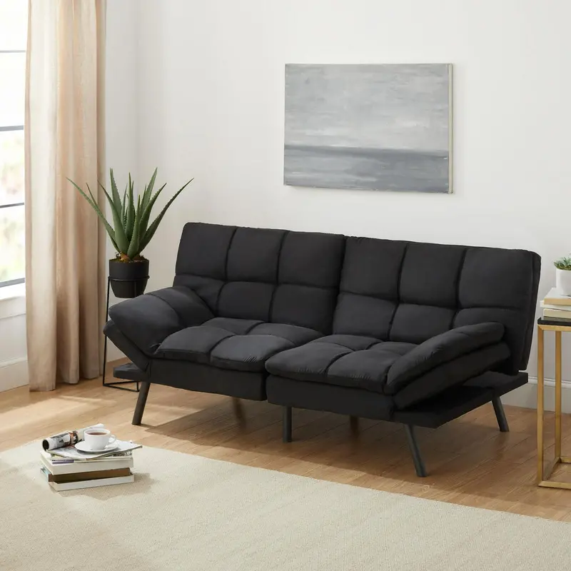 Mainstays Memory Foam Futon Sofa Bed – Black Faux Suede Convertible Lounge and Sleep Solution