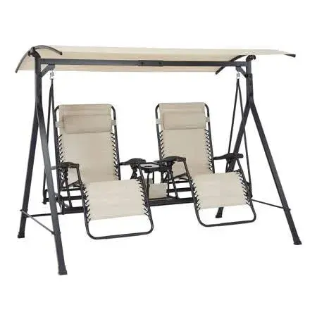 Mainstays Zero-Gravity Steel Porch Swing – Beige and Black Finish, 90.5" x 58.3" x 72.4"
