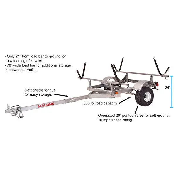 Malone LowMax Galvanized 2-Kayak Trailer – 600 lb Capacity, LED Lighting, Highway-Rated Tires
