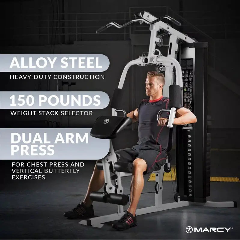 MarCy 150 lb Stackable Home Gym System – Black/White Dual-Function Arm Press & Leg Developer