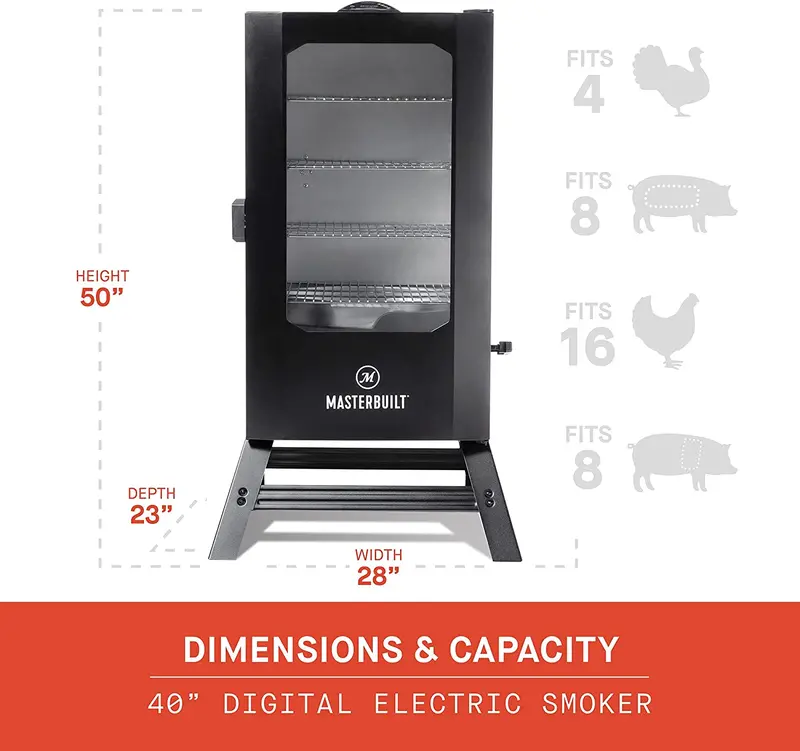Masterbuilt 40-Inch Digital Electric Smoker – Black Unit with Glass Viewing Window, Four Adjustable Racks & Portable Legs