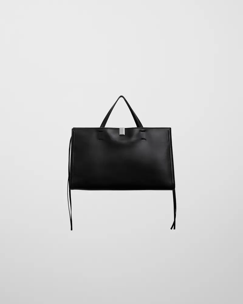 Medium Kit Cabas Handbag | Black Calf Leather With Silver Badge Lock