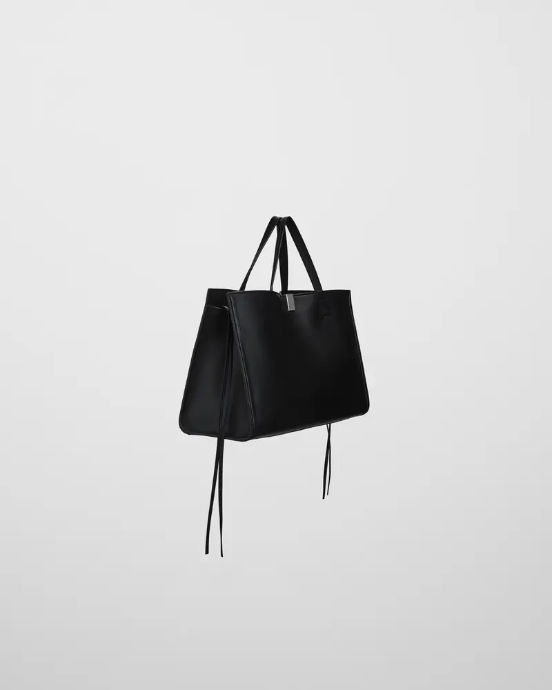 Medium Kit Cabas Handbag | Black Calf Leather With Silver Badge Lock