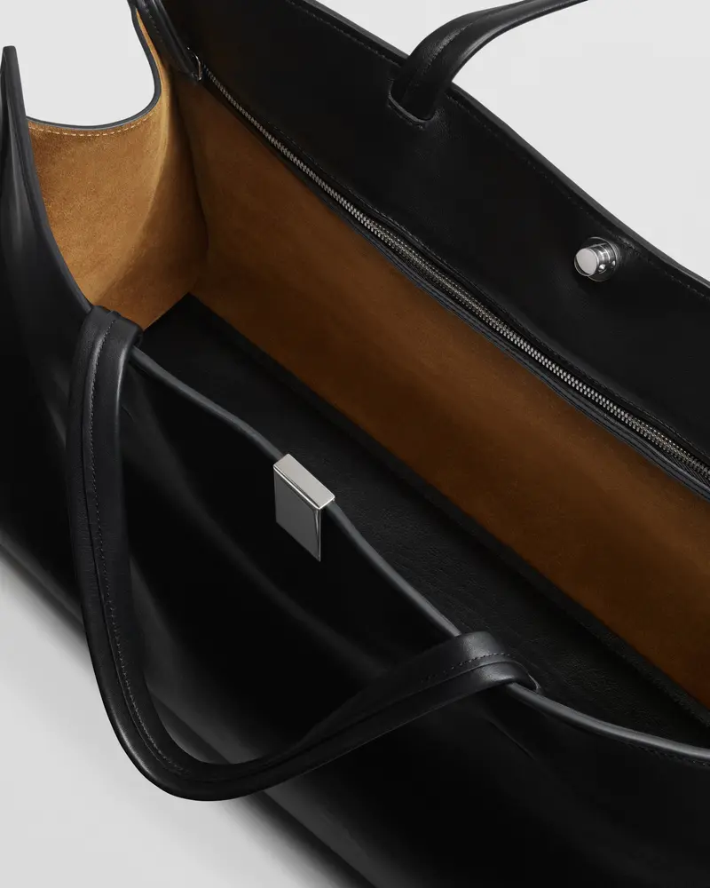 Medium Kit Cabas Handbag | Black Calf Leather With Silver Badge Lock