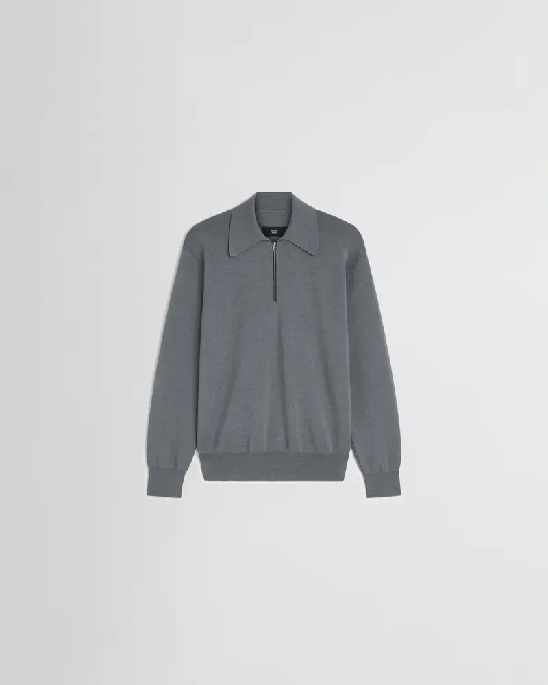 Merino Wool Zip-Neck Polo In Grey-Blue