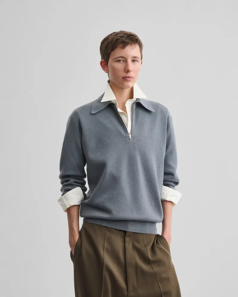 Merino Wool Zip-Neck Polo In Grey-Blue