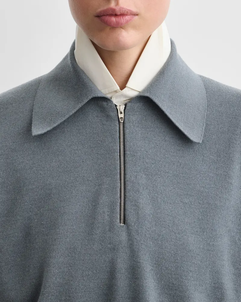 Merino Wool Zip-Neck Polo In Grey-Blue