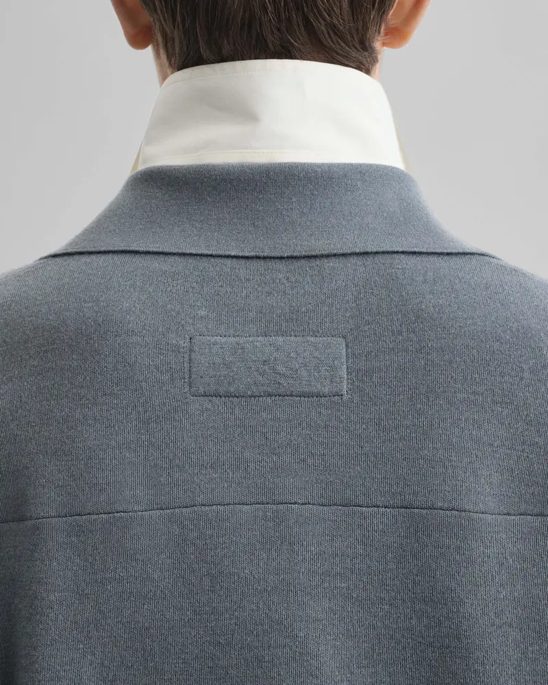 Merino Wool Zip-Neck Polo In Grey-Blue