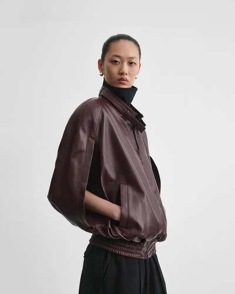 Merlot Leather Cape-Style Bomber Jacket