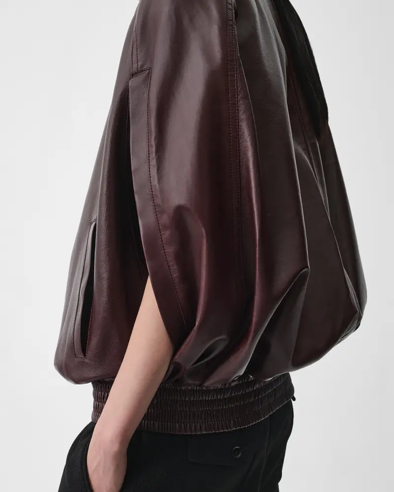 Merlot Leather Cape-Style Bomber Jacket