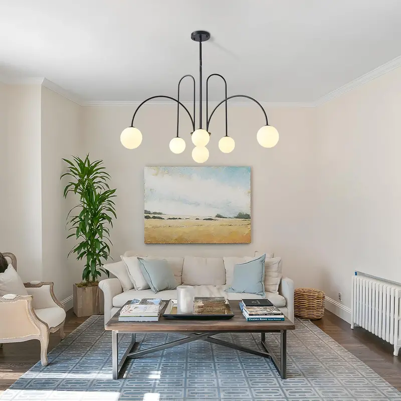Mid-Century Modern Matte Black Sputnik Chandelier – Orbiting Arm Design Evoking Retro-Futuristic Aesthetic