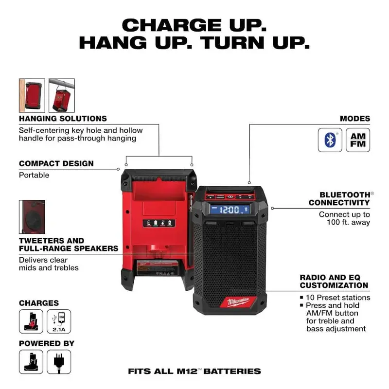 Milwaukee M12 Cordless Jobsite Radio – 12V Lithium-Ion Bluetooth/AM/FM Speaker with Integrated Battery Charger (Model 2951-20)