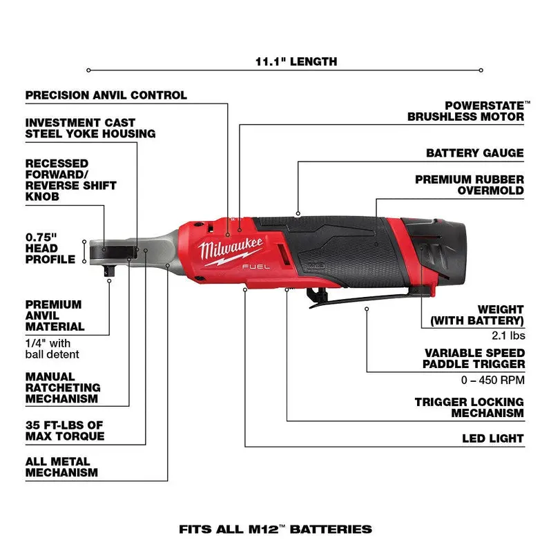 Milwaukee M12 FUEL 1/4" Cordless Ratchet – Compact Brushless Fastening Tool for Tight-Space Applications