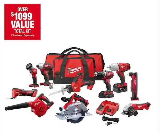 Milwaukee M18 18V 10-Piece Cordless Tool Set with Batteries, Charger, and Professional-Grade Power Tools