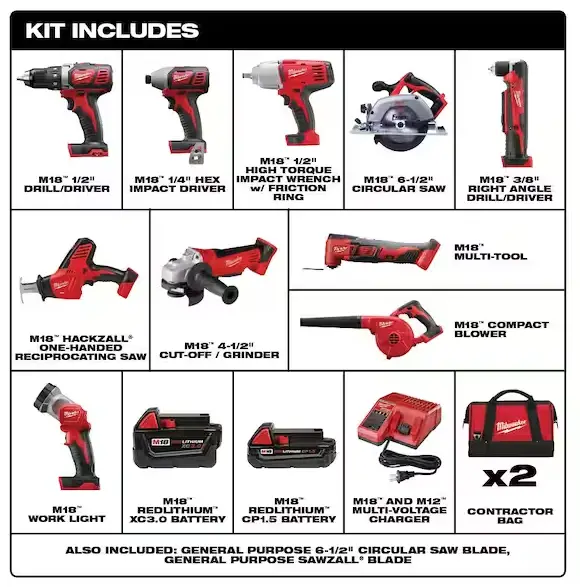 Milwaukee M18 18V 10-Piece Cordless Tool Set with Batteries, Charger, and Professional-Grade Power Tools