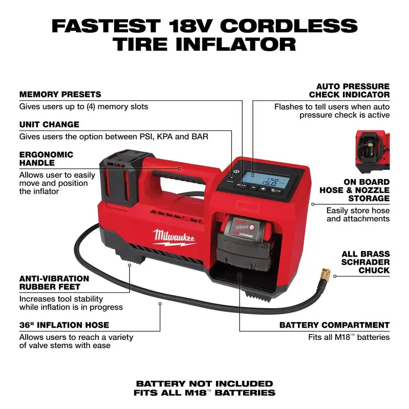Milwaukee M18 Inflator Tool-Only – Compact Cordless Air Compressor for Tires and Inflatables