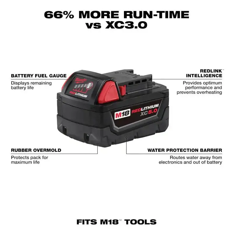 Milwaukee M18 XC 18V Lithium-Ion Battery – 5.0 Ah Extended Runtime