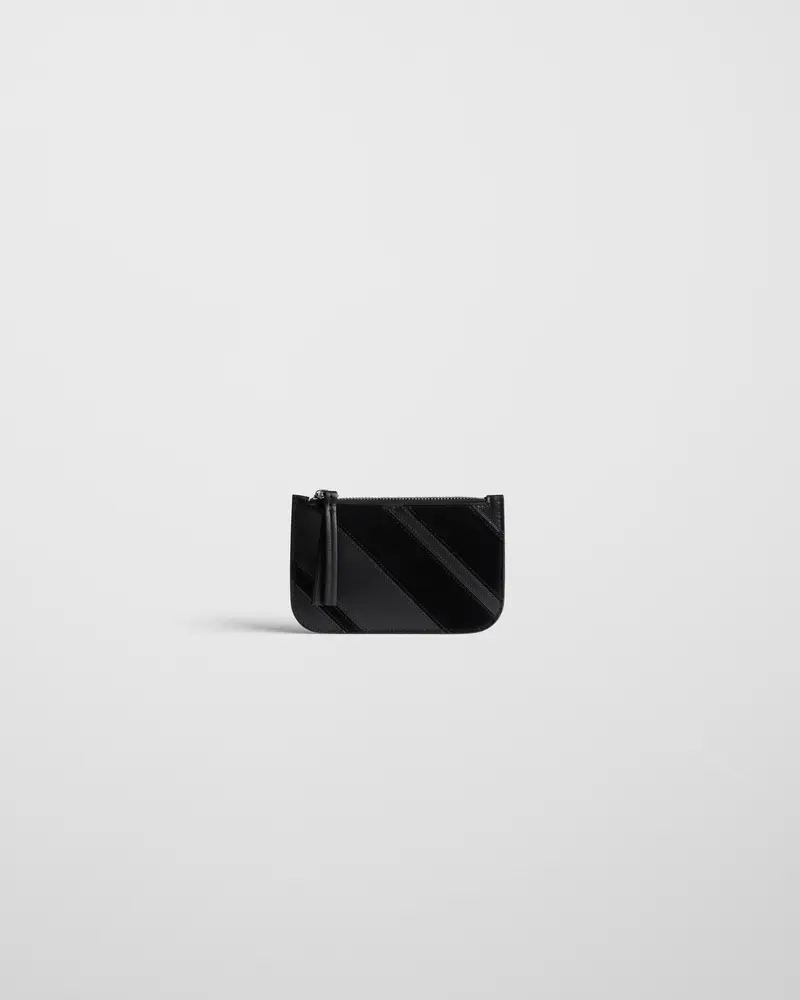 Minimalist Black Leather Pocket Card Holder With Suede Intarsia