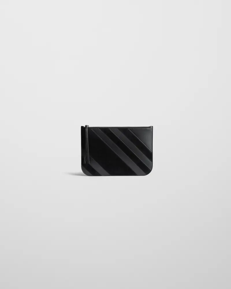 Minimalist Black Leather Zip Pouch With Suede Accents