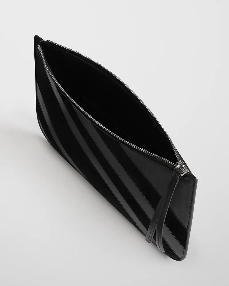 Minimalist Black Leather Zip Pouch With Suede Accents