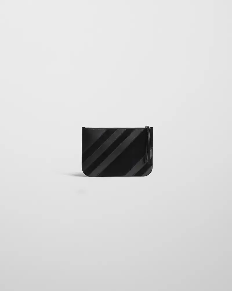 Minimalist Black Leather Zip Pouch With Suede Accents