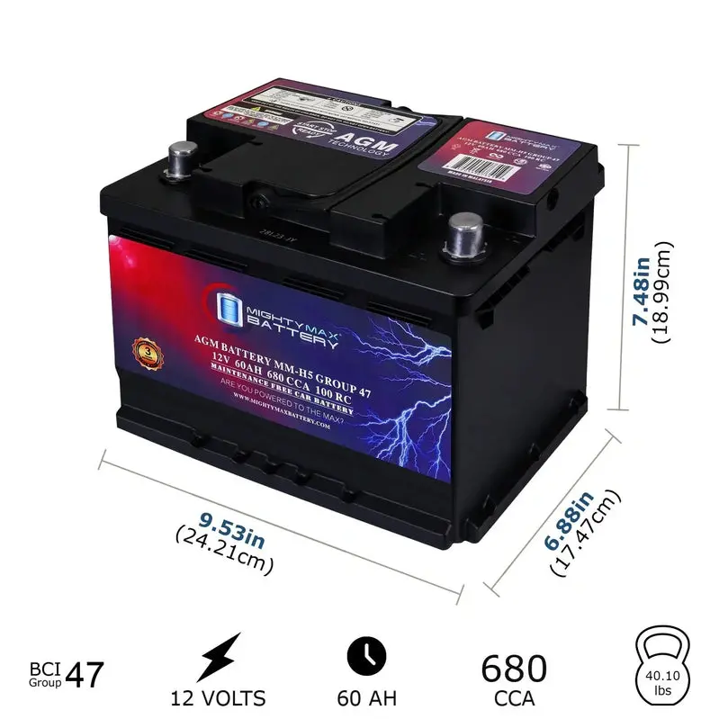 MM-H5 AGM Automotive Battery – 12V, 60Ah, 100-Minute Reserve Capacity, 680 Cold Cranking Amps, BCI Group 47