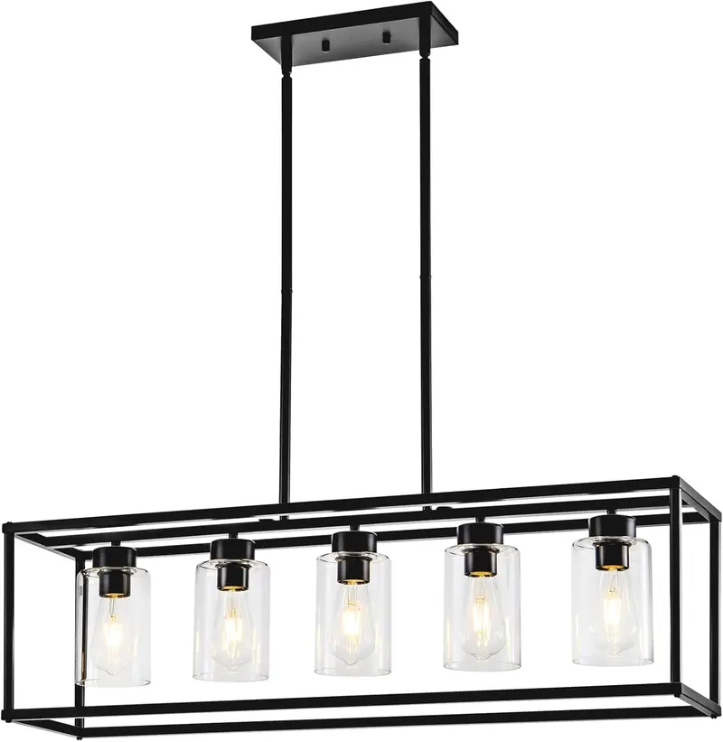 Modern Rustic Black Chandelier – Contemporary Silhouette Enhanced with Warm Wood-Textured Accents