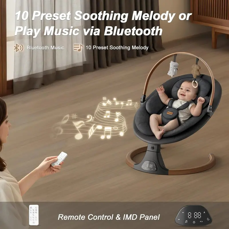 Monamii Bluetooth-Powered Infant Swing – 5-Speed Rocker with Wireless Remote and Built-in Speaker