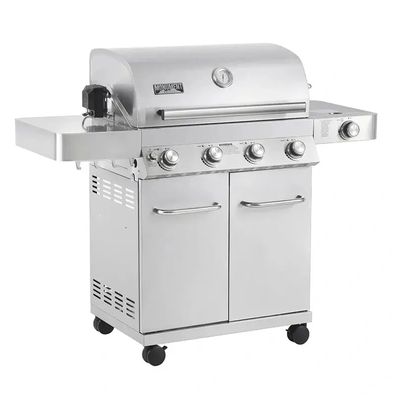 Monument Grills Premium 4-Burner Stainless Steel Propane Grill Featuring Integrated Rotisserie System