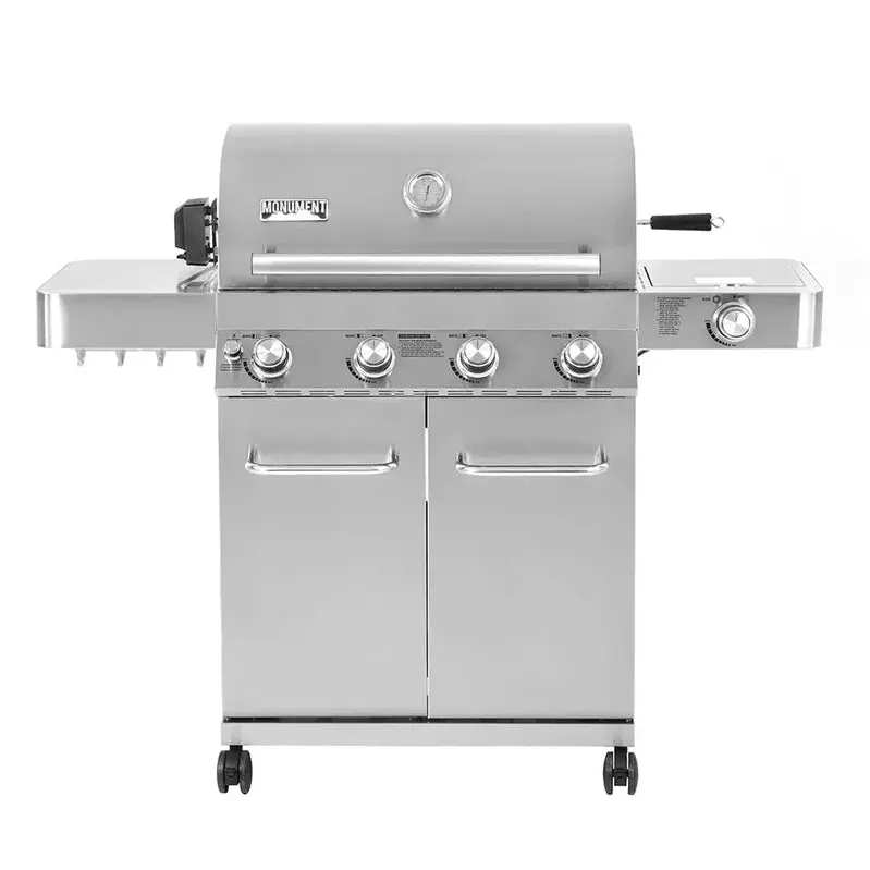 Monument Grills Premium 4-Burner Stainless Steel Propane Grill Featuring Integrated Rotisserie System