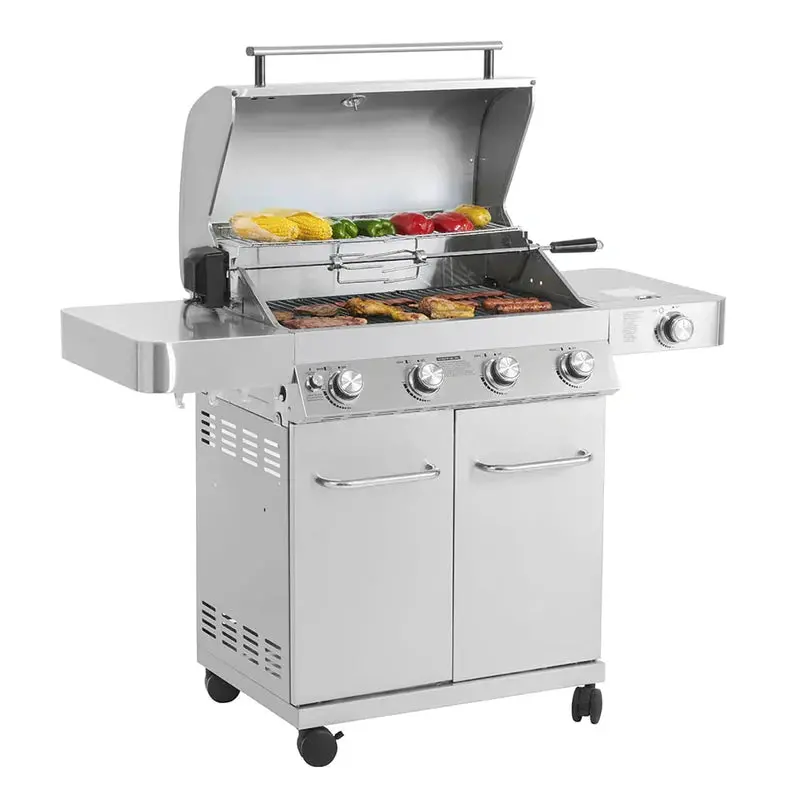 Monument Grills Premium 4-Burner Stainless Steel Propane Grill Featuring Integrated Rotisserie System