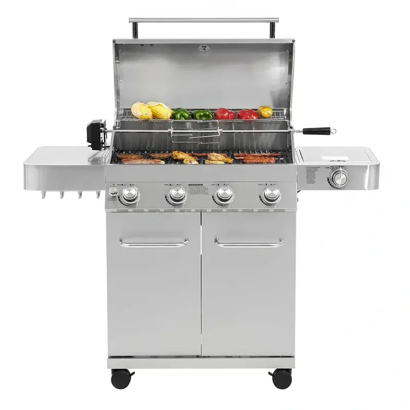 Monument Grills Premium 4-Burner Stainless Steel Propane Grill Featuring Integrated Rotisserie System