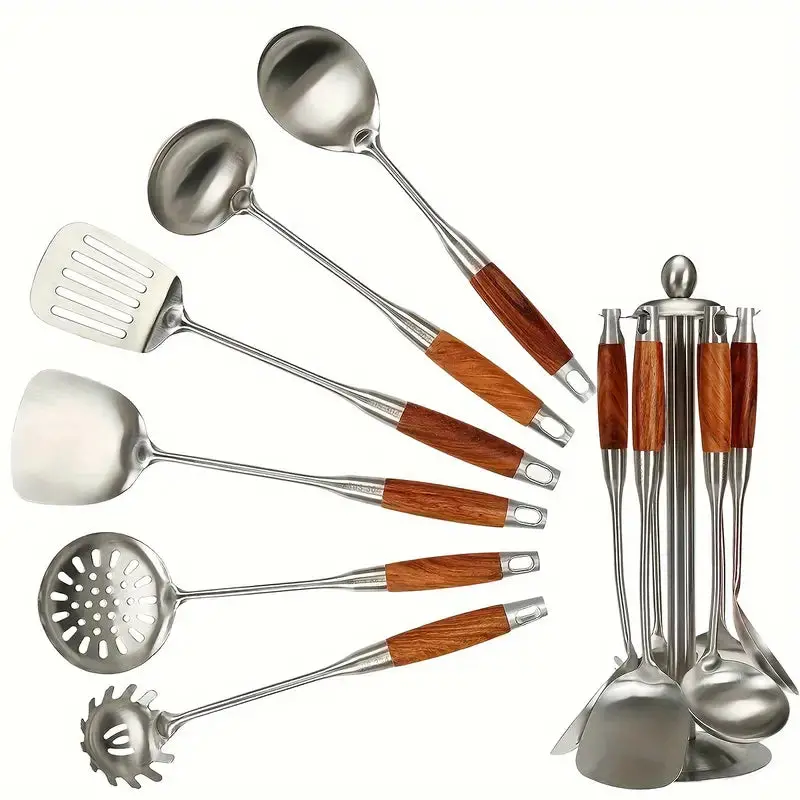 Morve 7-Piece Stainless Steel Kitchen Utensil Set – Heat-Resistant Tools with Stand for Effortless Storage and Daily Cooking