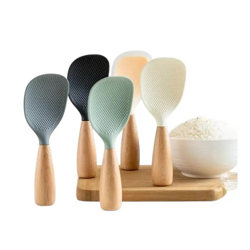 Morve Ergonomic Silicone Rice Spoon – Paddle-Style Scoop with Natural Wood Handle, Heat-Resistant and Non-Stick Surface