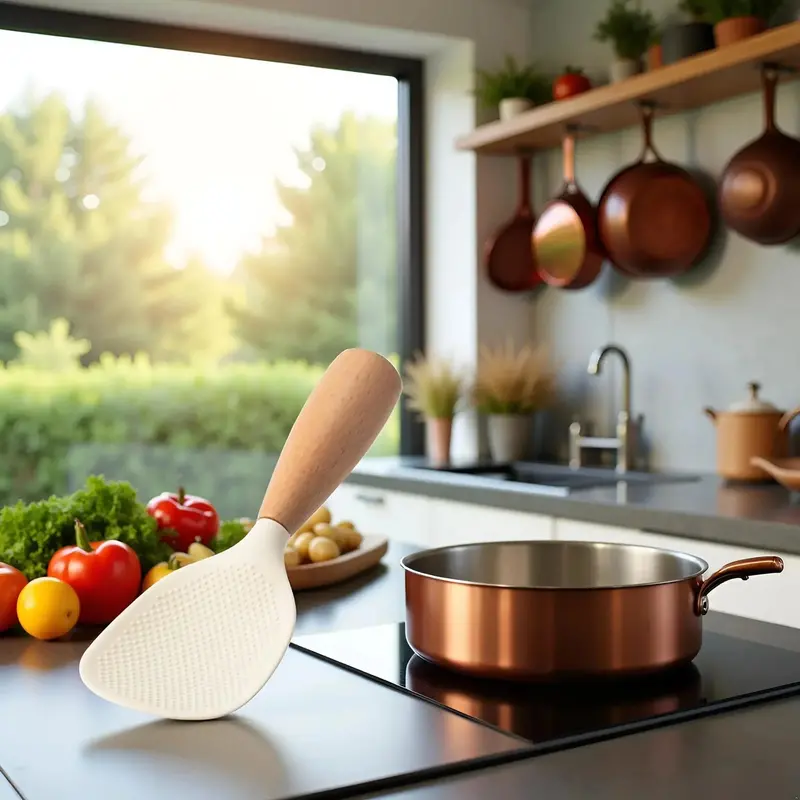 Morve Ergonomic Silicone Rice Spoon – Paddle-Style Scoop with Natural Wood Handle, Heat-Resistant and Non-Stick Surface