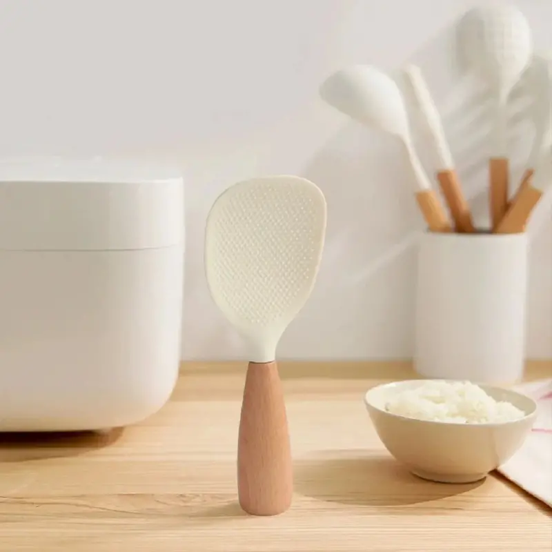 Morve Ergonomic Silicone Rice Spoon – Paddle-Style Scoop with Natural Wood Handle, Heat-Resistant and Non-Stick Surface