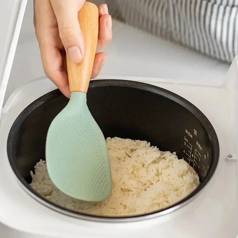 Morve Ergonomic Silicone Rice Spoon – Paddle-Style Scoop with Natural Wood Handle, Heat-Resistant and Non-Stick Surface