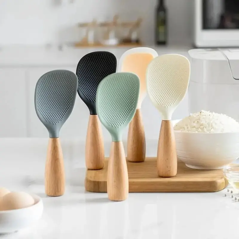 Morve Ergonomic Silicone Rice Spoon – Paddle-Style Scoop with Natural Wood Handle, Heat-Resistant and Non-Stick Surface