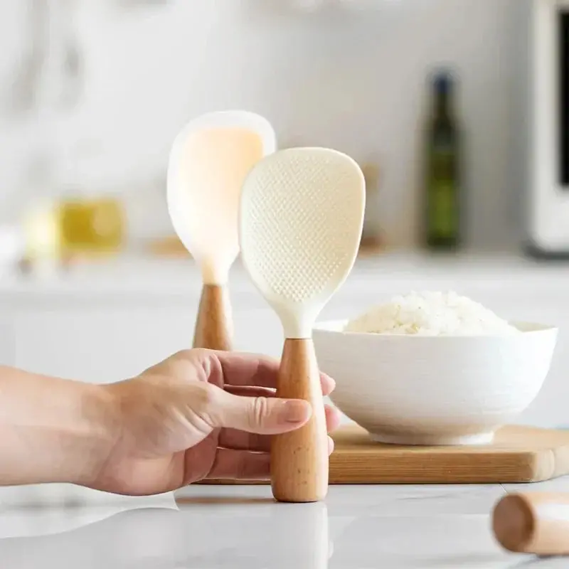 Morve Ergonomic Silicone Rice Spoon – Paddle-Style Scoop with Natural Wood Handle, Heat-Resistant and Non-Stick Surface