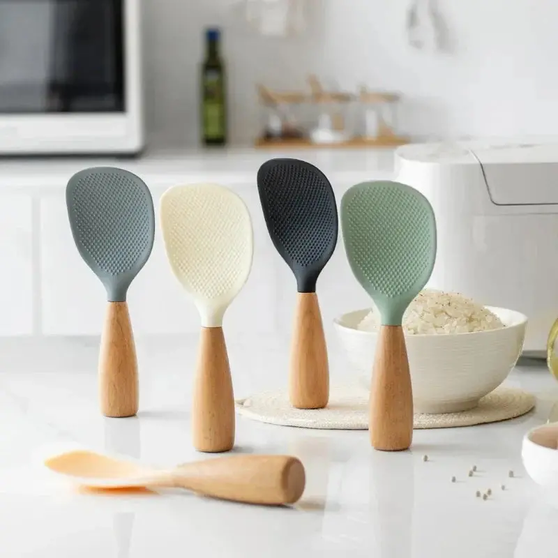 Morve Ergonomic Silicone Rice Spoon – Paddle-Style Scoop with Natural Wood Handle, Heat-Resistant and Non-Stick Surface