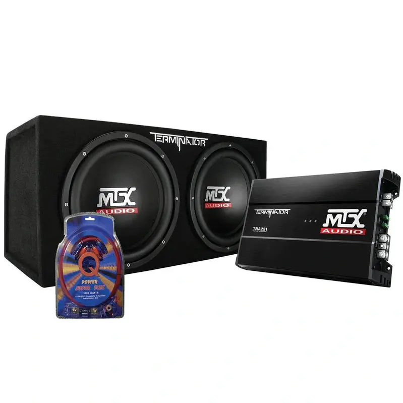 MTX 12" Dual-Voice-Coil Car Subwoofer Package – Complete System with Enclosed Box, Amp & QPower Wiring Kit