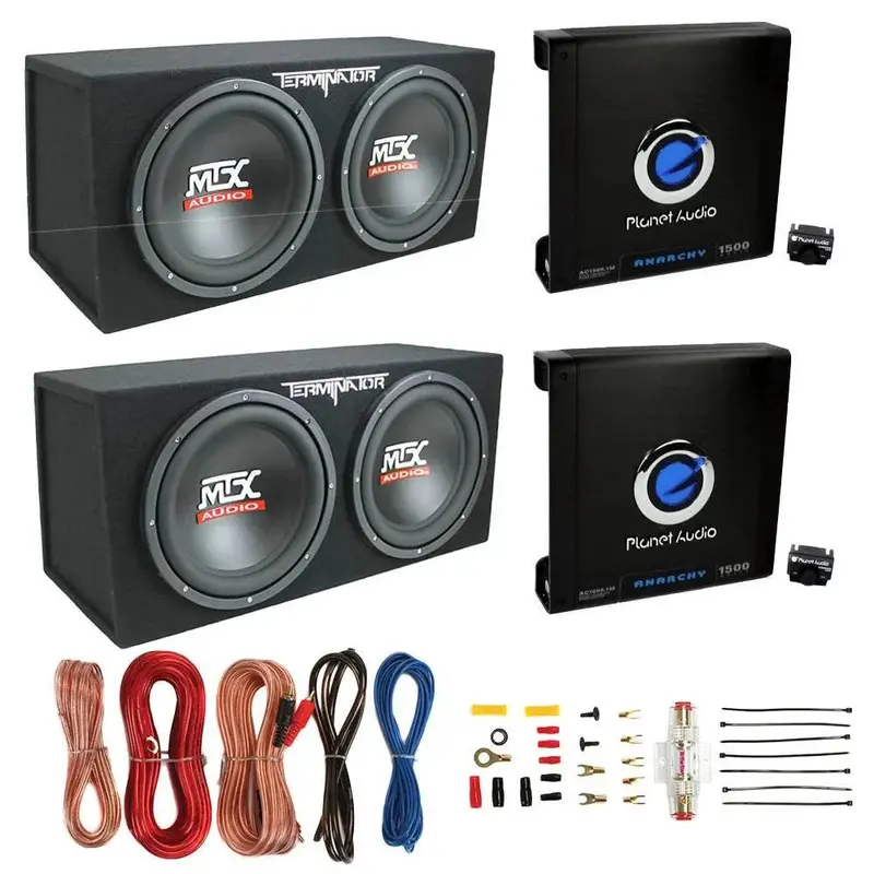 MTX TNE212D Subwoofer Bundle – Dual 12-Inch Woofers, Monoblock Amplifier, and Complete Installation Wiring Kit