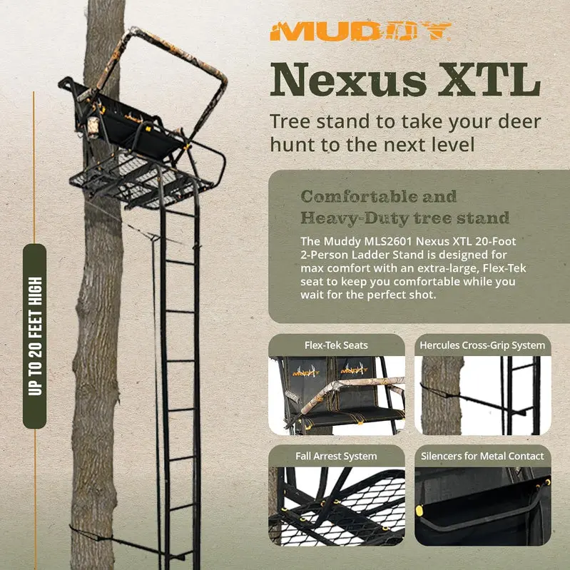 MUDDY Nexus XTL Tree Stand – 20-Foot Aluminum Ladder Stand with 500-Lb Capacity for Two Hunters