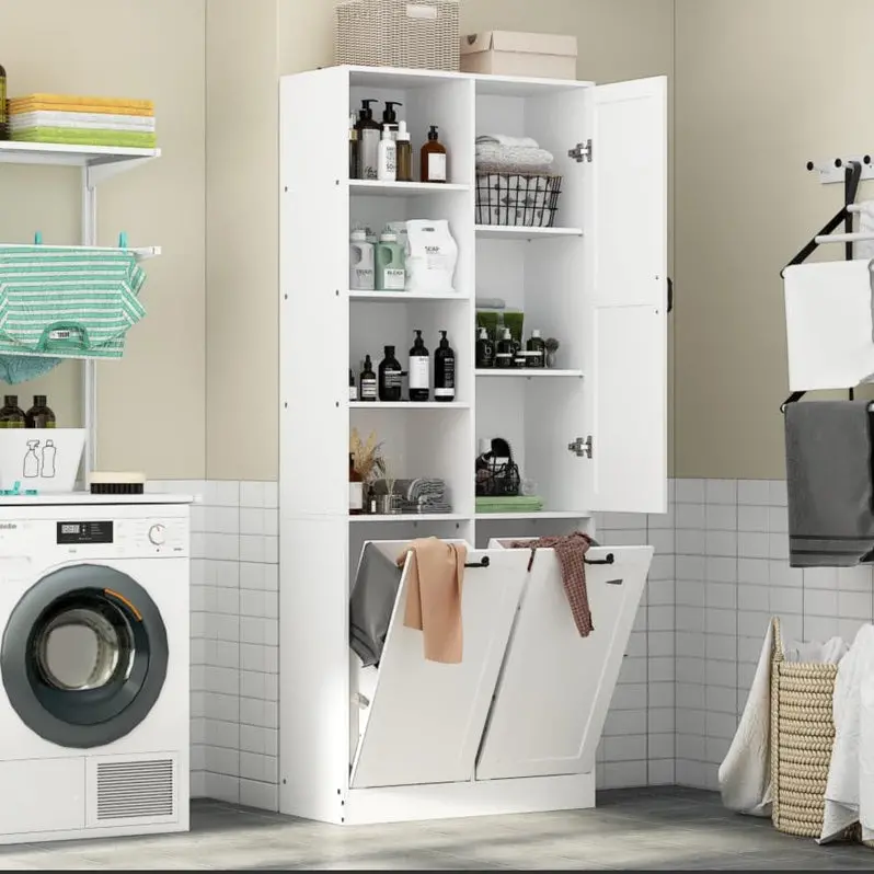 Multi-Functional Storage Cabinet – Laundry Bin Integration, Open Shelving, and Stylish Home Organization Unit
