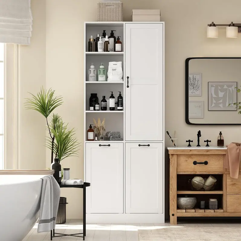 Multi-Functional Storage Cabinet – Laundry Bin Integration, Open Shelving, and Stylish Home Organization Unit