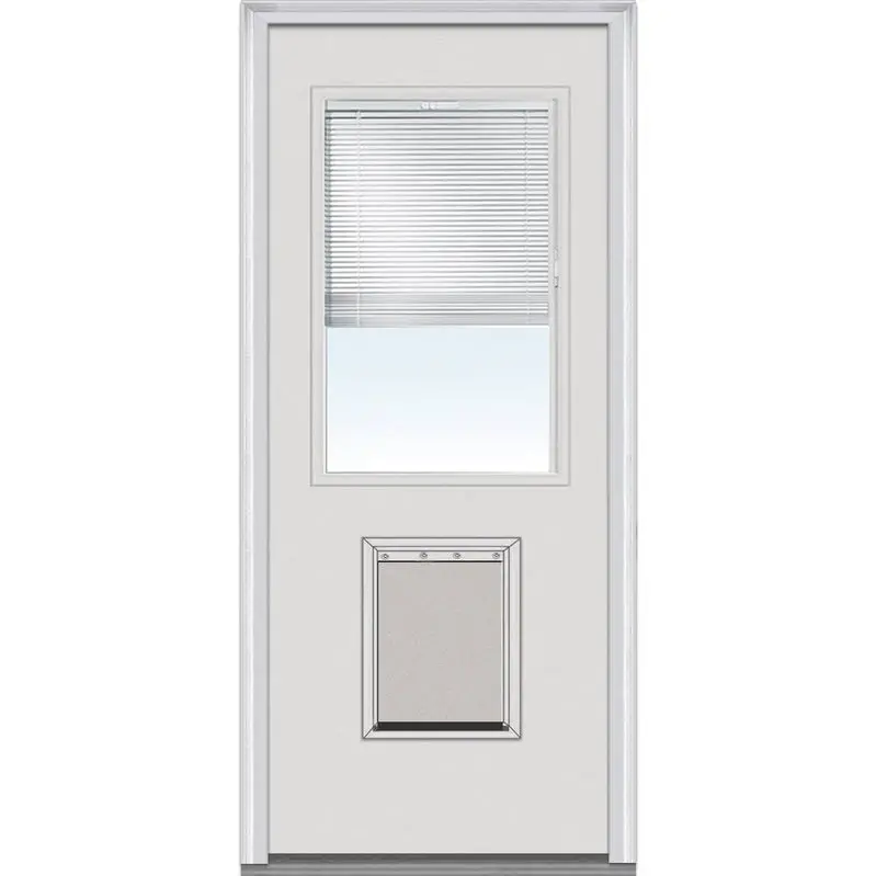 National Door Company 32x80" Steel Entry Door – Primed Half-Lite Exterior Door with Internal Blinds and Built-In Pet Door (Right-Hand Inswing)